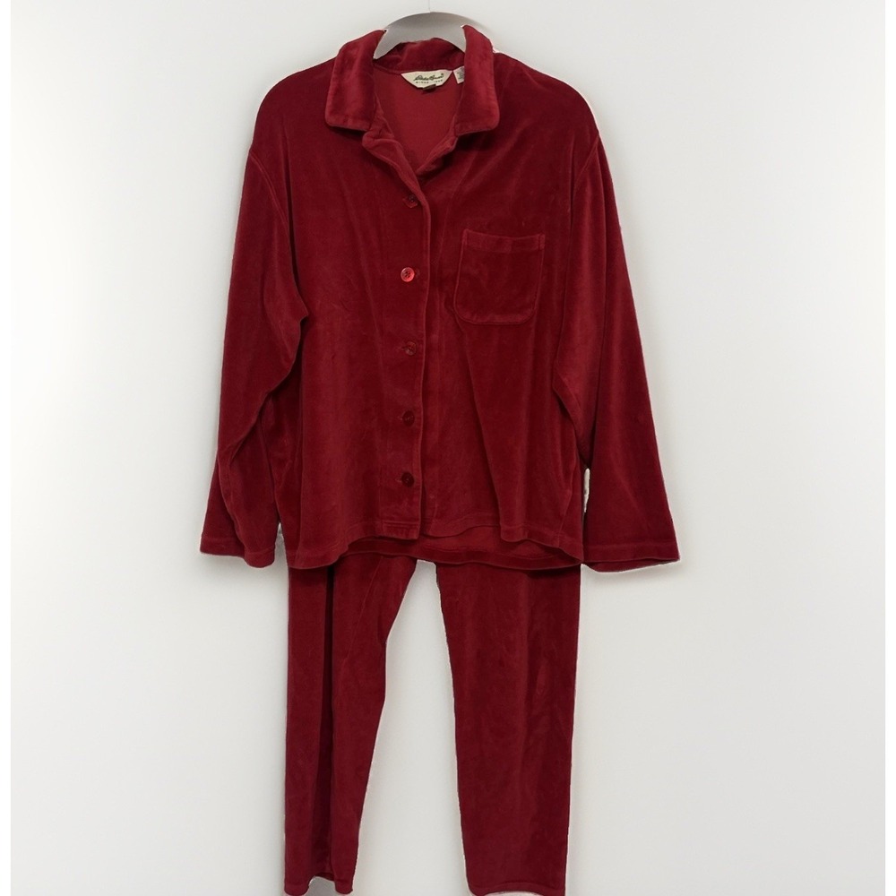 VTG 90s Eddie Bauer 2-Pc Red Velour Lounge Set Button Up Pull On Sz L Athleisure